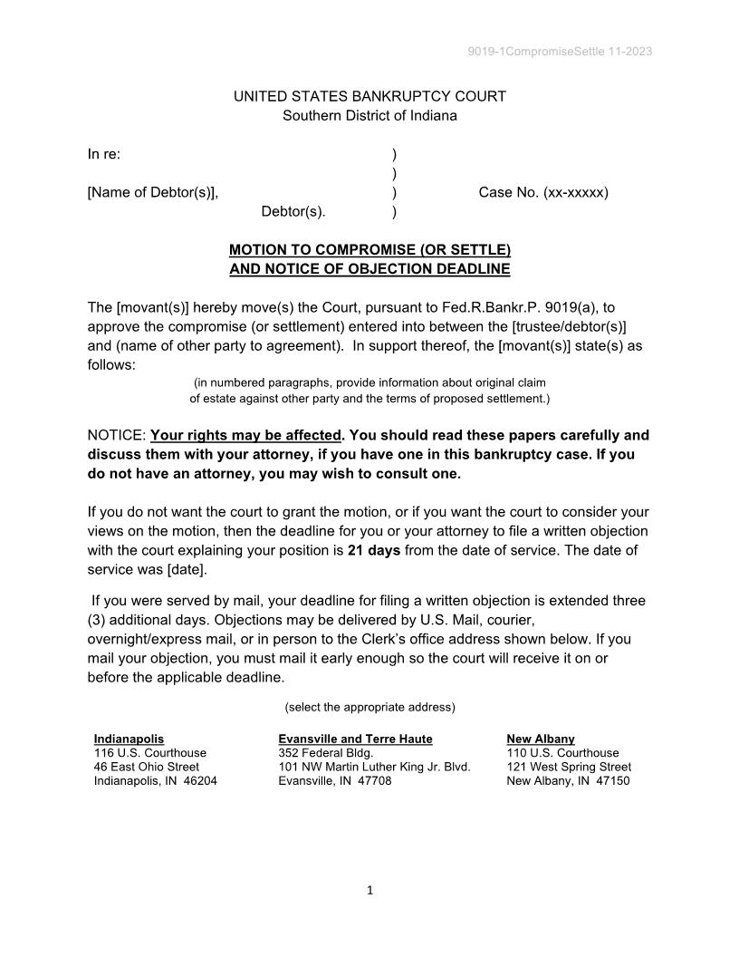 Motion To Compromise (Or Settle) And Notice Of Objection Deadline {B-9019-1} | Pdf Fpdf Docx | Indiana