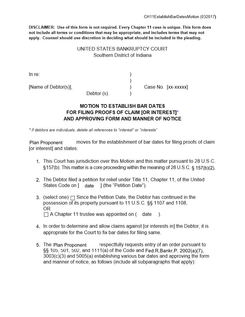Motion To Establish Bar Dates For Filing Proofs Of Claim | Pdf Fpdf Docx | Indiana