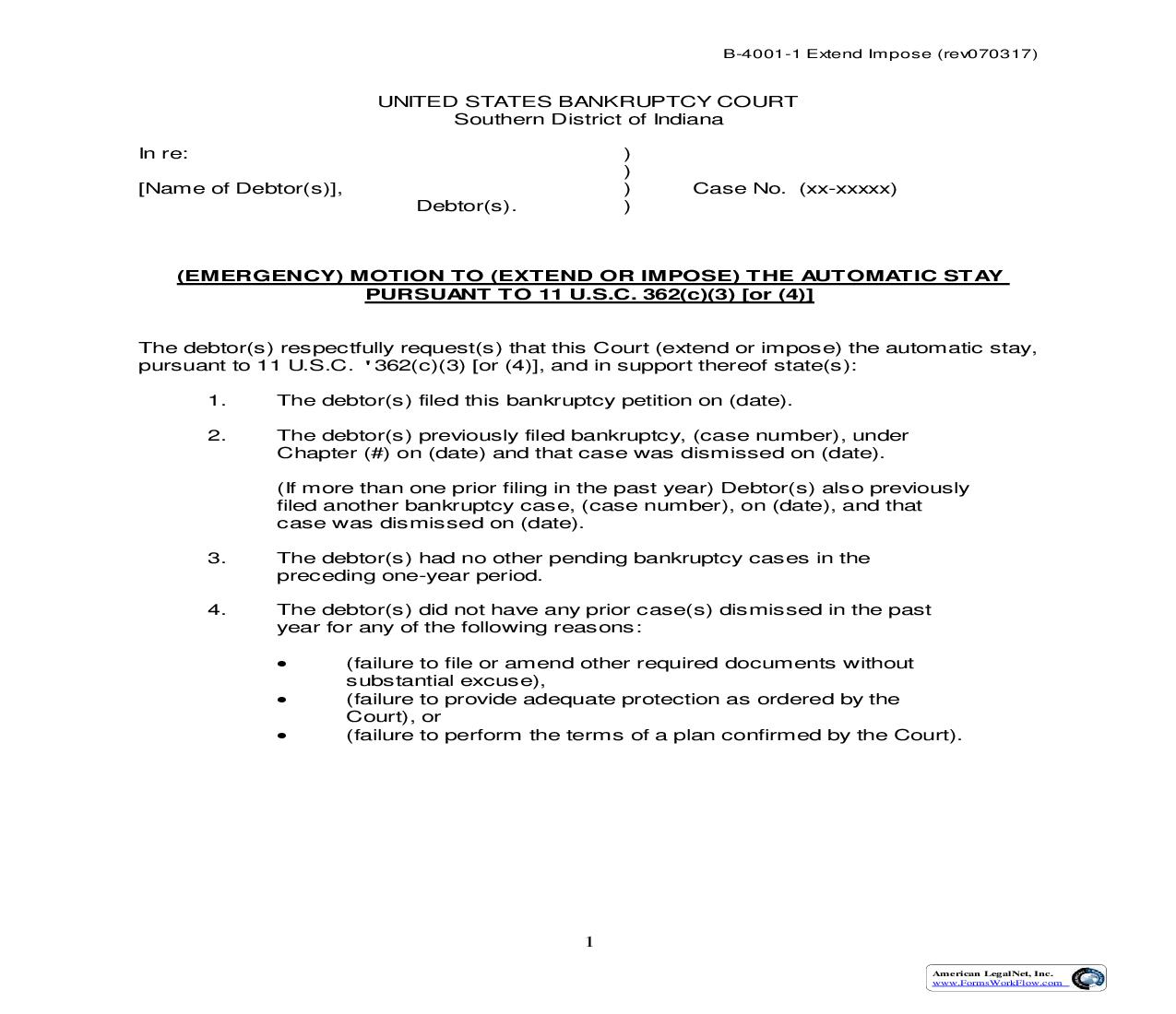 Motion To Extend Or Impose the Automatic Stay {B-4001-1} | Pdf Fpdf Doc Docx | Indiana