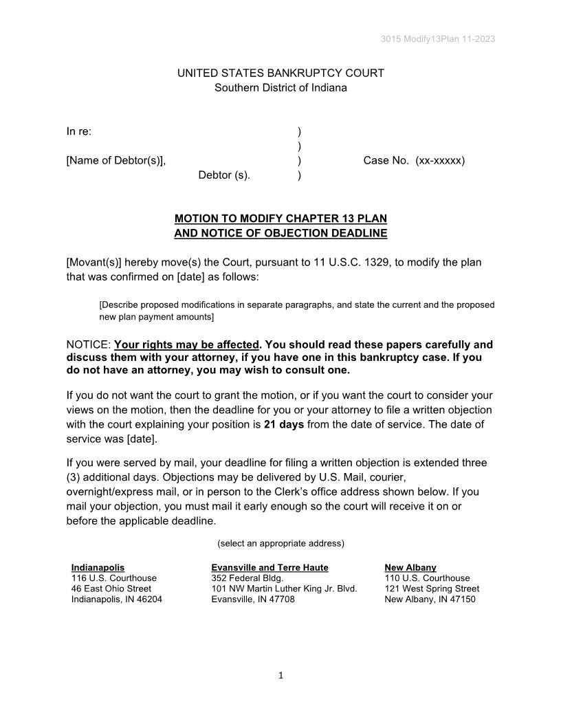 Motion To Modify Chapter 13 Plan Notice Of Objection Deadline {3015} | Pdf Fpdf Doc Docx | Indiana