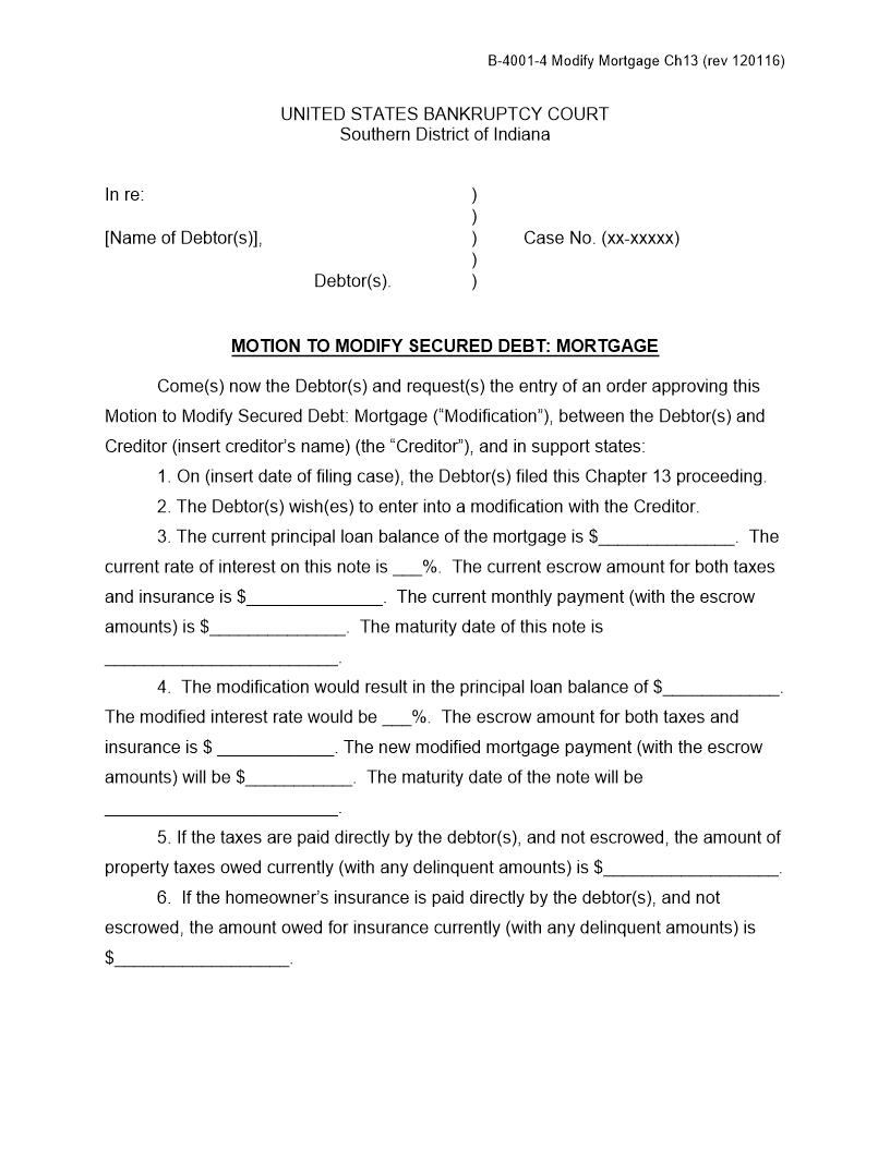 Motion To Modify Secured Debt Mortgage (Chapter 13) {B-4001-4} | Pdf Fpdf Docx | Indiana