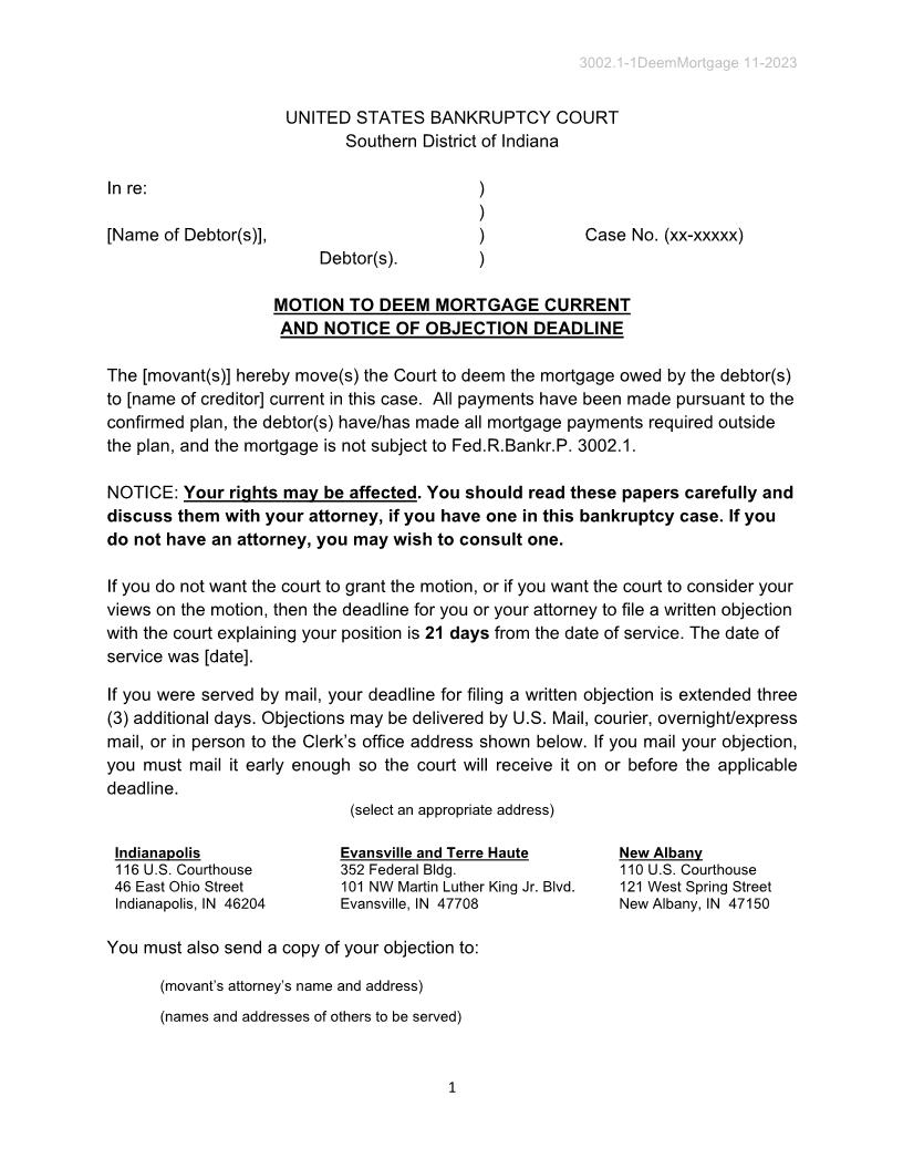 Motion To Redeem Property And Notice Of Objection Deadline {6008-1} | Pdf Fpdf Doc Docx | Indiana