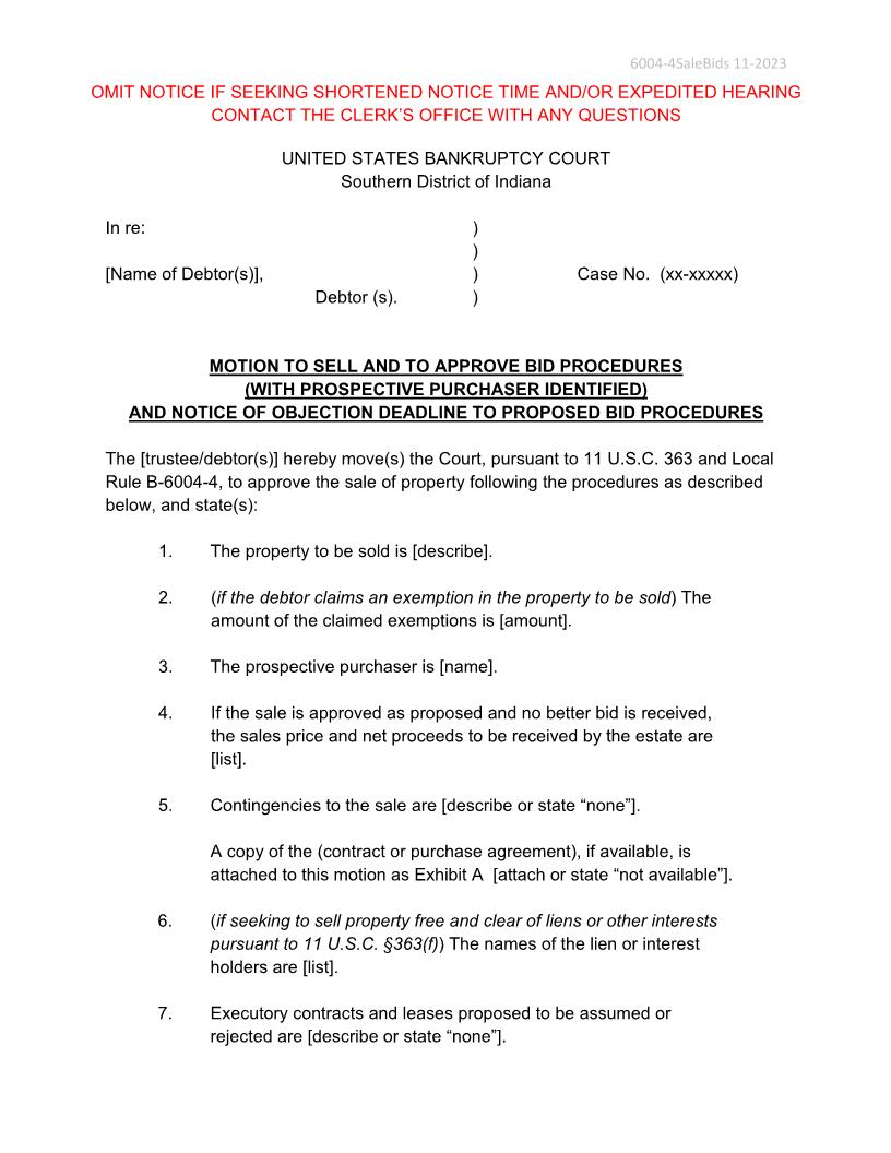 Motion To Sell Approve Bid Procedures Notice Of Objection Deadline {6004-4} | Pdf Fpdf Docx | Indiana