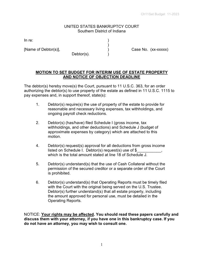 Motion To Set Budget Interim Property Use - Notice Of Objection Deadline | Pdf Fpdf Docx | Indiana