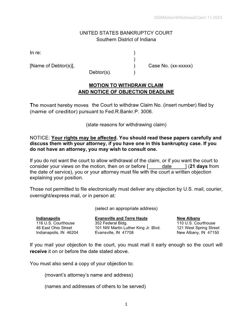 Motion To Withdraw Claim And Notice Of Objection Deadline {3006} | Pdf Fpdf Doc Docx | Indiana