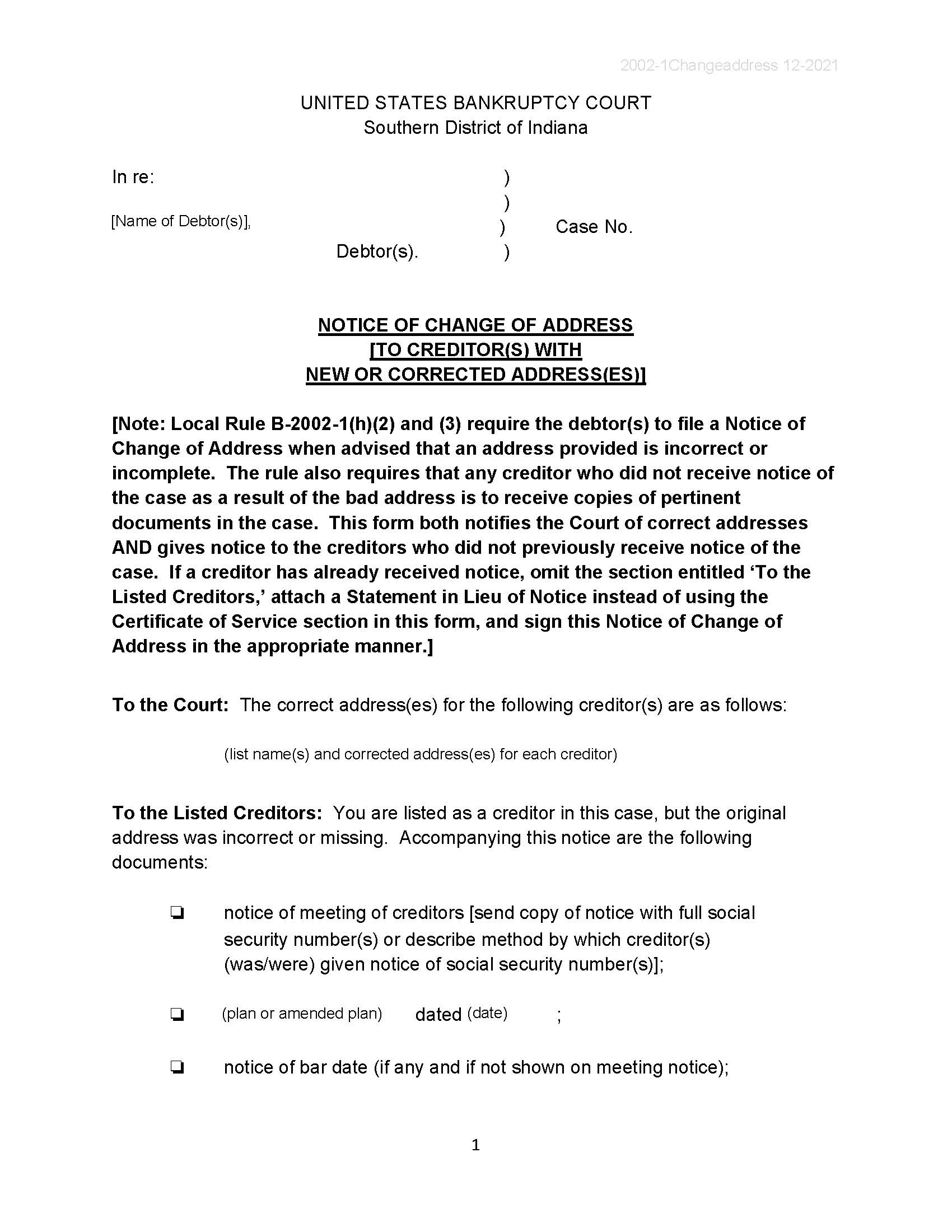 Notice Of Change Of Address Creditors With New Or Corrected Addresses | Pdf Fpdf Doc Docx | Indiana