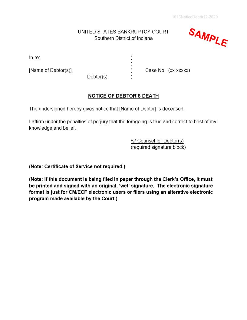 Notice Of Debtors Death (Sample And Form) {INSB 1016} | Pdf Fpdf Docx | Indiana