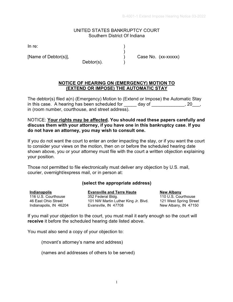 Notice Of Hearing On (Emergency) Motion To (Extend Or Impose) Automatic Stay {B-4001-1} | Pdf Fpdf Doc Docx | Indiana