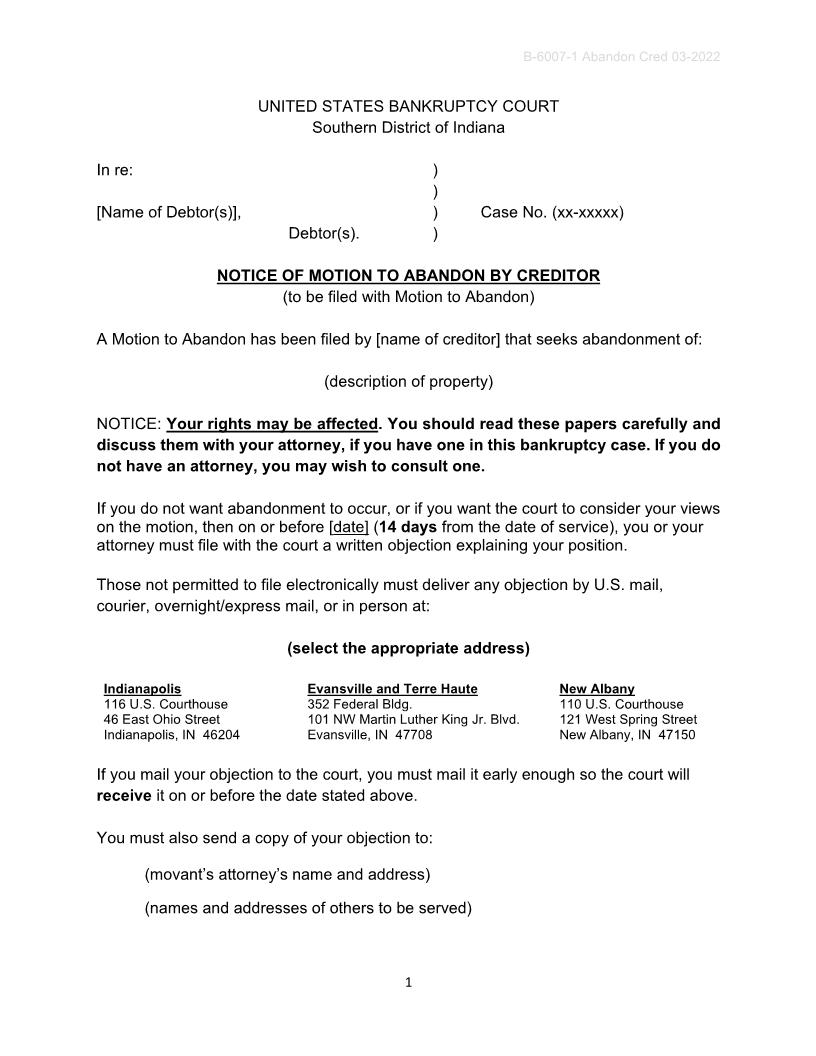 Notice Of Motion To Abandon By Creditor {B-6007-1} | Pdf Fpdf Doc Docx | Indiana