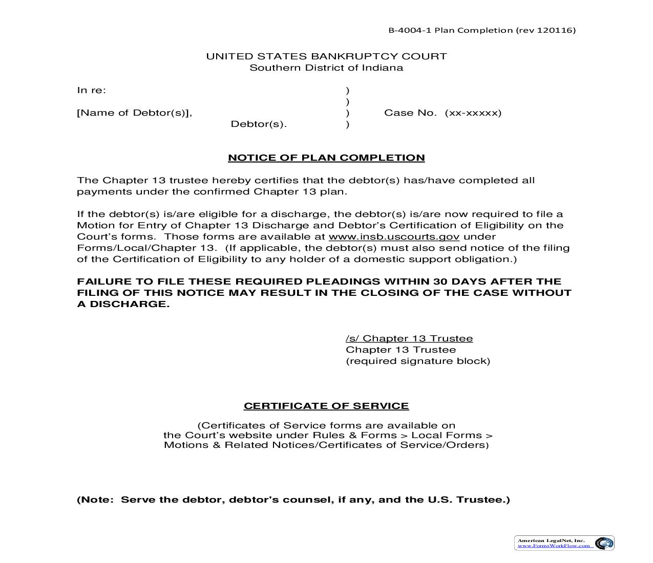 Notice Of Plan Completion (Chapter 13) | Pdf Fpdf Doc Docx | Indiana