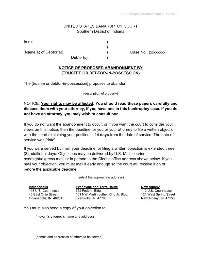 Notice Of Proposed Abandonment By Trustee Or Debtor-In-Possession {B-6007-1} | Pdf Fpdf Doc Docx | Indiana