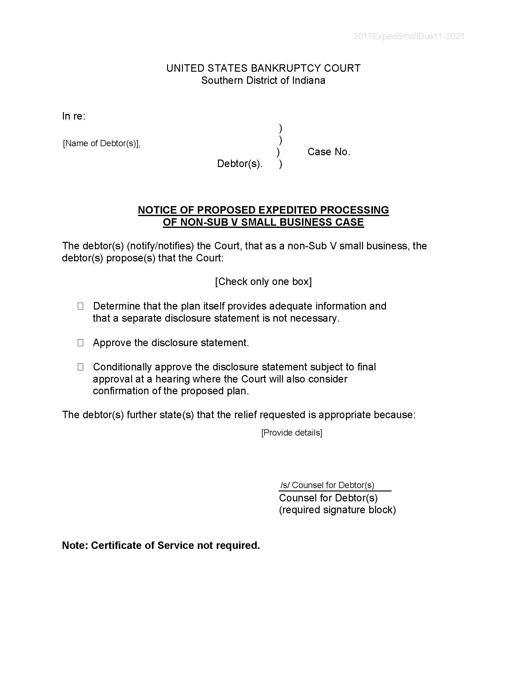 Notice Of Proposed Expedited Processing Non-Sub V Small Business Case | Pdf Fpdf Doc Docx | Indiana