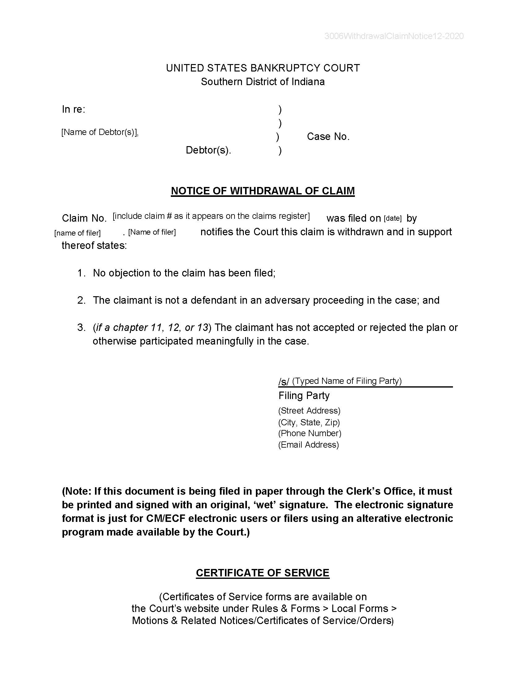 Notice Of Withdrawal Of Claim {3006} | Pdf Fpdf Doc Docx | Indiana