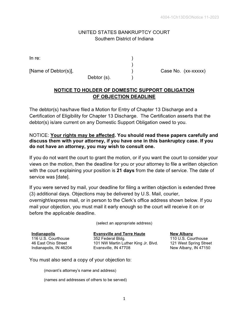 Notice To Holder Of Domestic Support Obligation Of Objection Deadline {B-4004-1} | Pdf Fpdf Doc Docx | Indiana