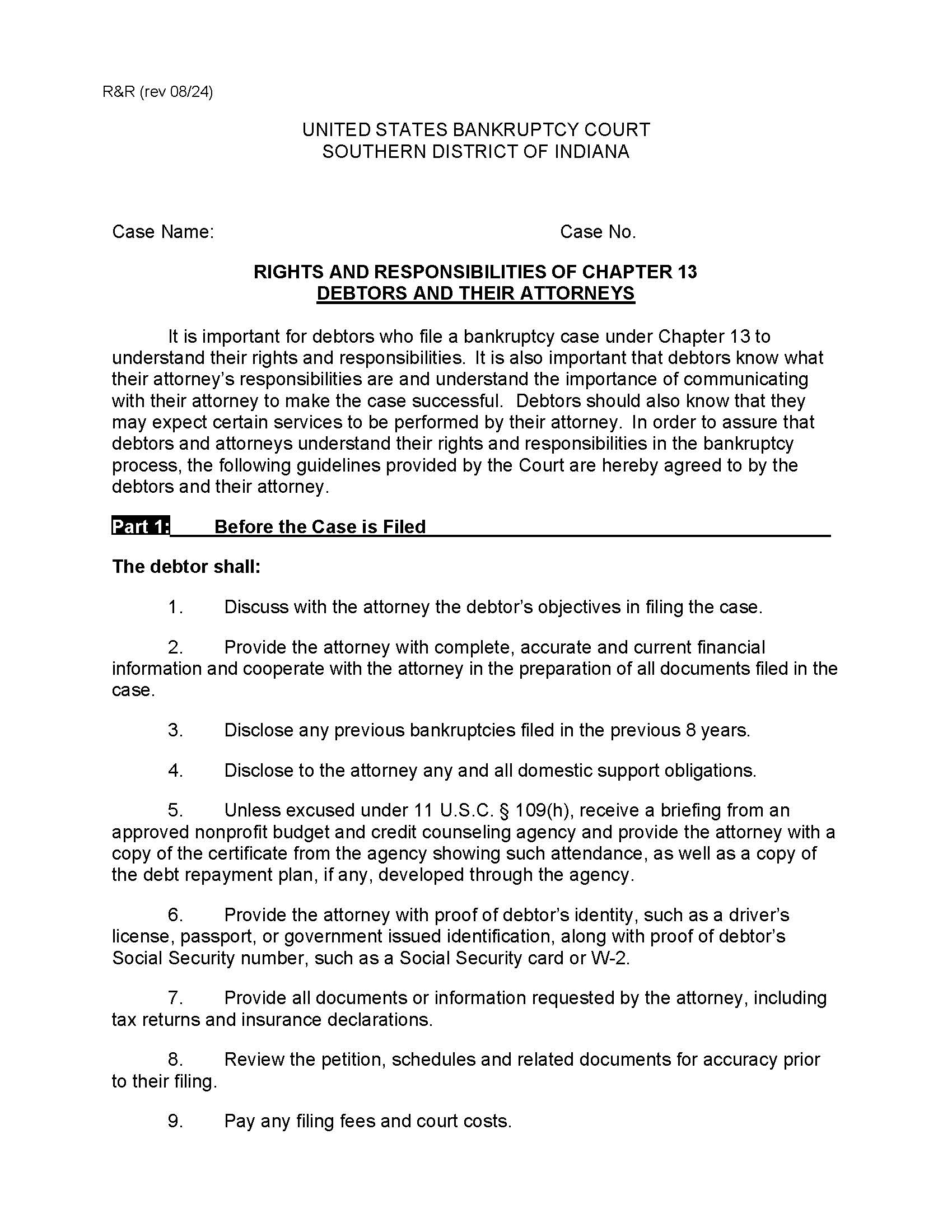 Rights And Responsibilities Of Chapter 13 Debtors And Their Attorneys | Pdf Fpdf Doc Docx | Indiana