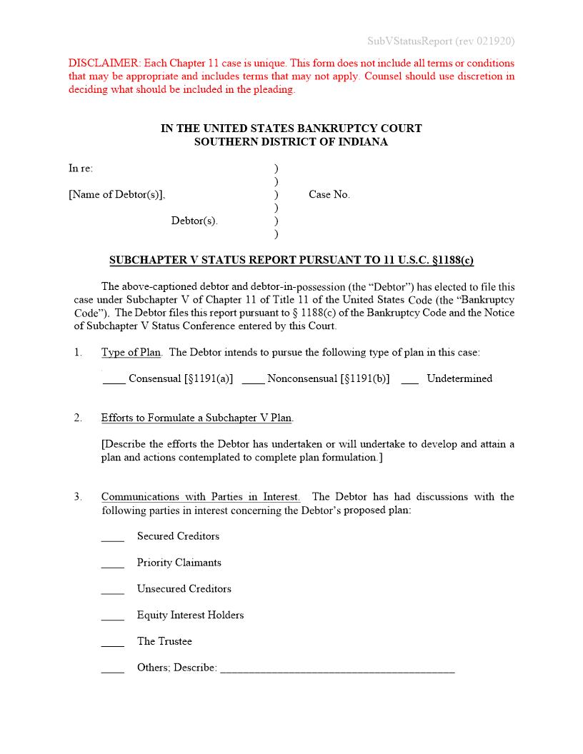 Subchapter V Status Report | Pdf Fpdf Docx | Indiana