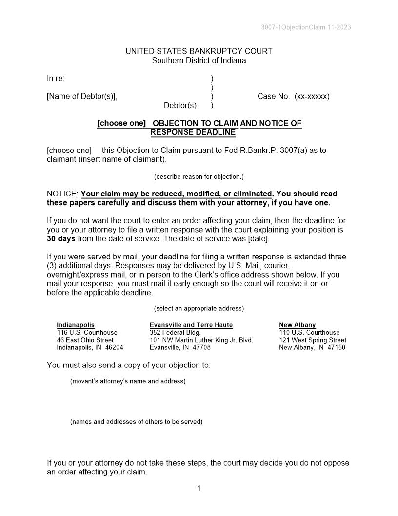 Trustees-Debtors Objection To Claim And Notice Of Response Deadline {B-3007-1} | Pdf Fpdf Doc Docx | Indiana
