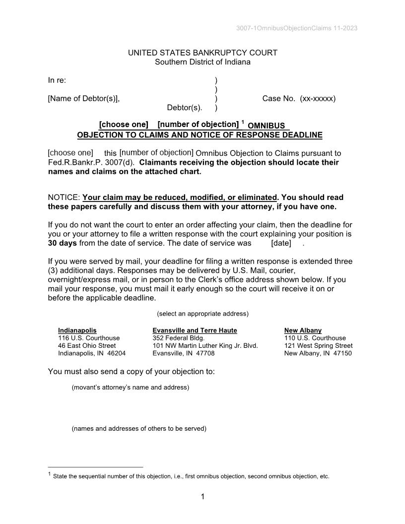 Trustees-Debtors Omnibus Objection To Claims Notice Of Response Deadline {B-3007-1} | Pdf Fpdf Docx | Indiana