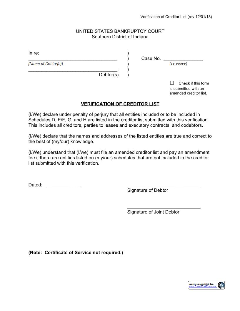 Verification Of Creditor List | Pdf Fpdf Docx | Indiana