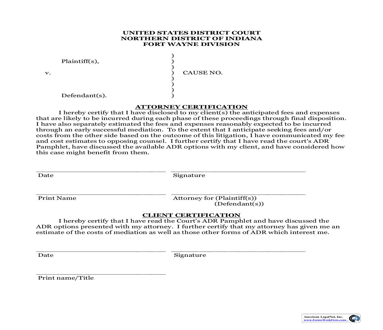 Attorney And Client Certification (ADR) | Pdf Fpdf Doc Docx | Indiana
