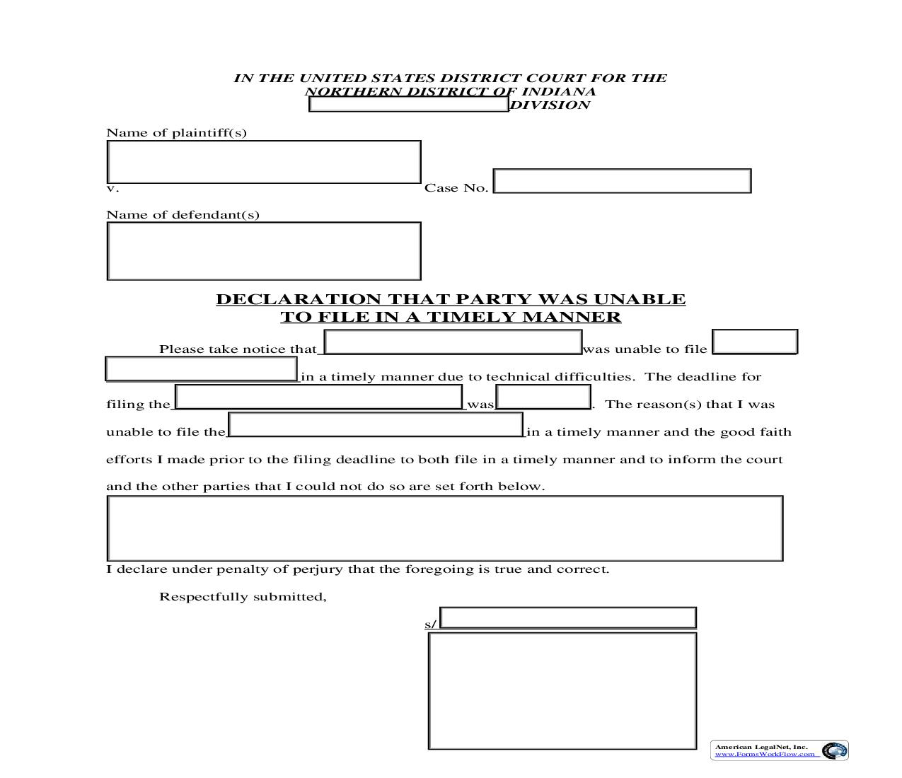 CM-ECF Declaration That Party Was Unable To File In Timely Manner | Pdf Fpdf Doc Docx | Indiana