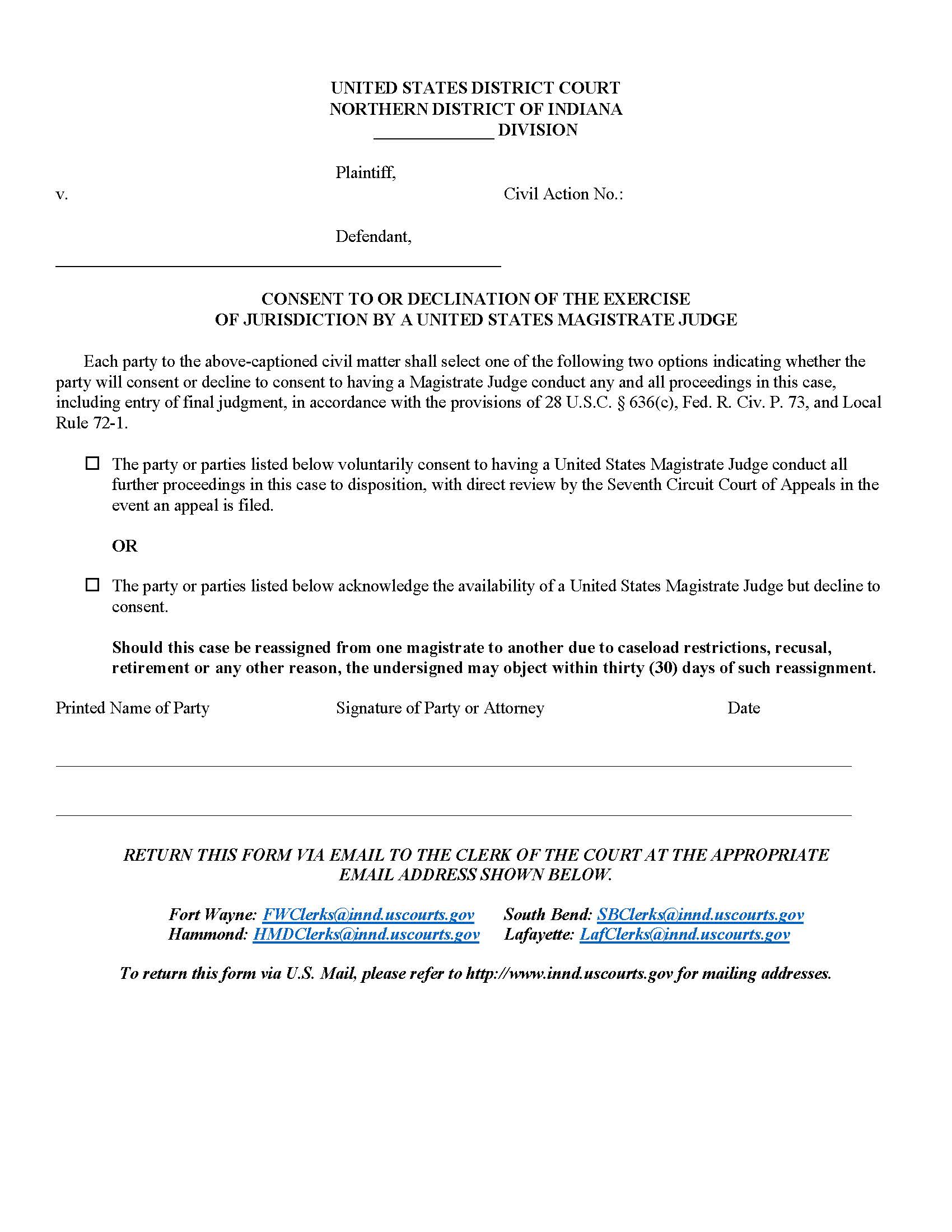 Consent To Or Declination Of The Exercise Of Jurisdiction By A United States Magistrate Judge | Pdf Fpdf Doc Docx | Indiana