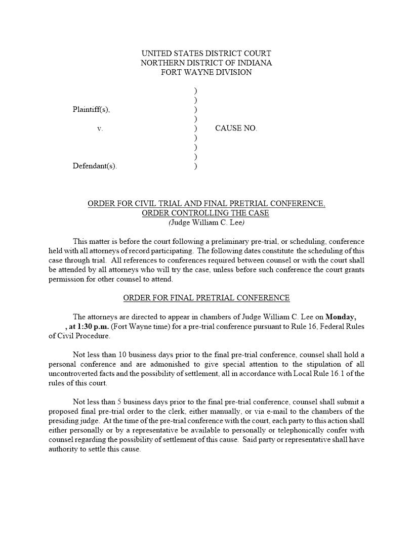 Order For Civil Trial Final PC Order Controlling Trial (Judge Lee) | Pdf Fpdf Docx | Indiana