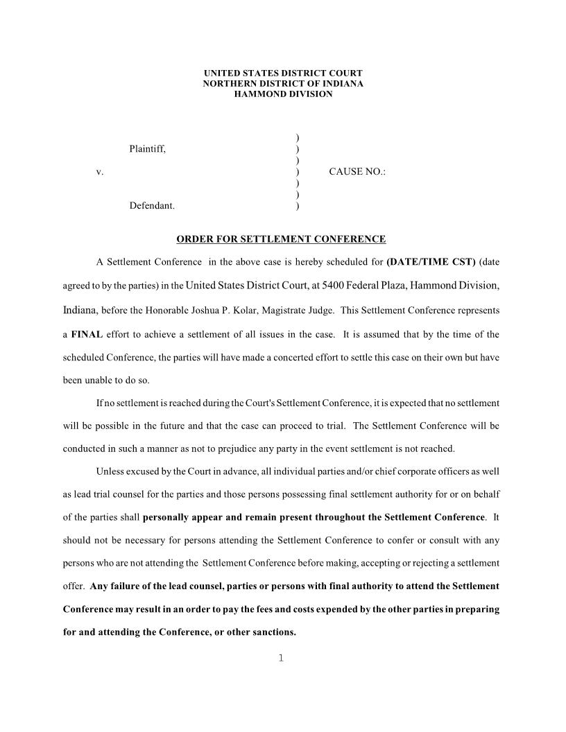 Order For Settlement Conference (Mag. Judge Kolar) | Pdf Fpdf Docx | Indiana