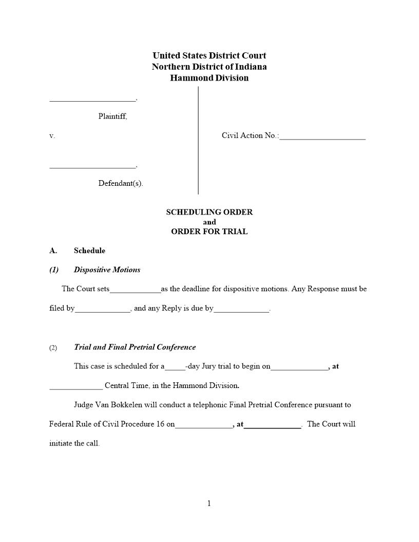 Scheduling Order And Order For Trial (Mag. Judge Van Bokkelen) | Pdf Fpdf Docx | Indiana