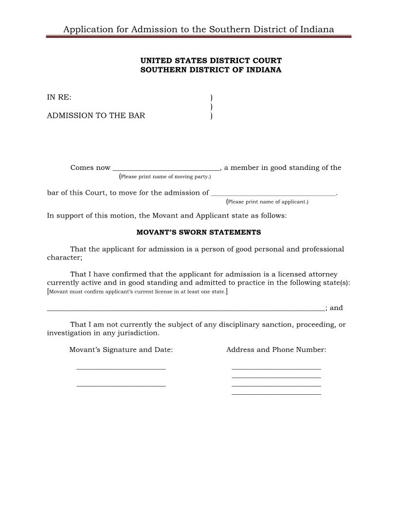 Application For Admission Sworn Statement {INSB AABar} | Pdf Fpdf Docx | Indiana