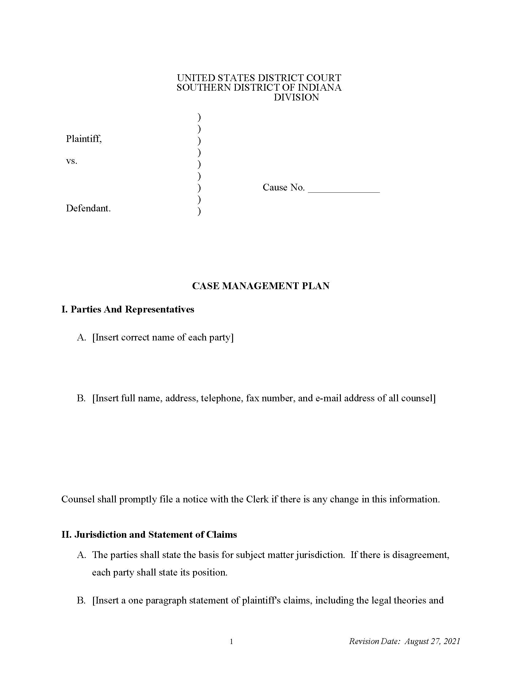 Case Management Plan {INSD CMP} | Pdf Fpdf Docx | Indiana