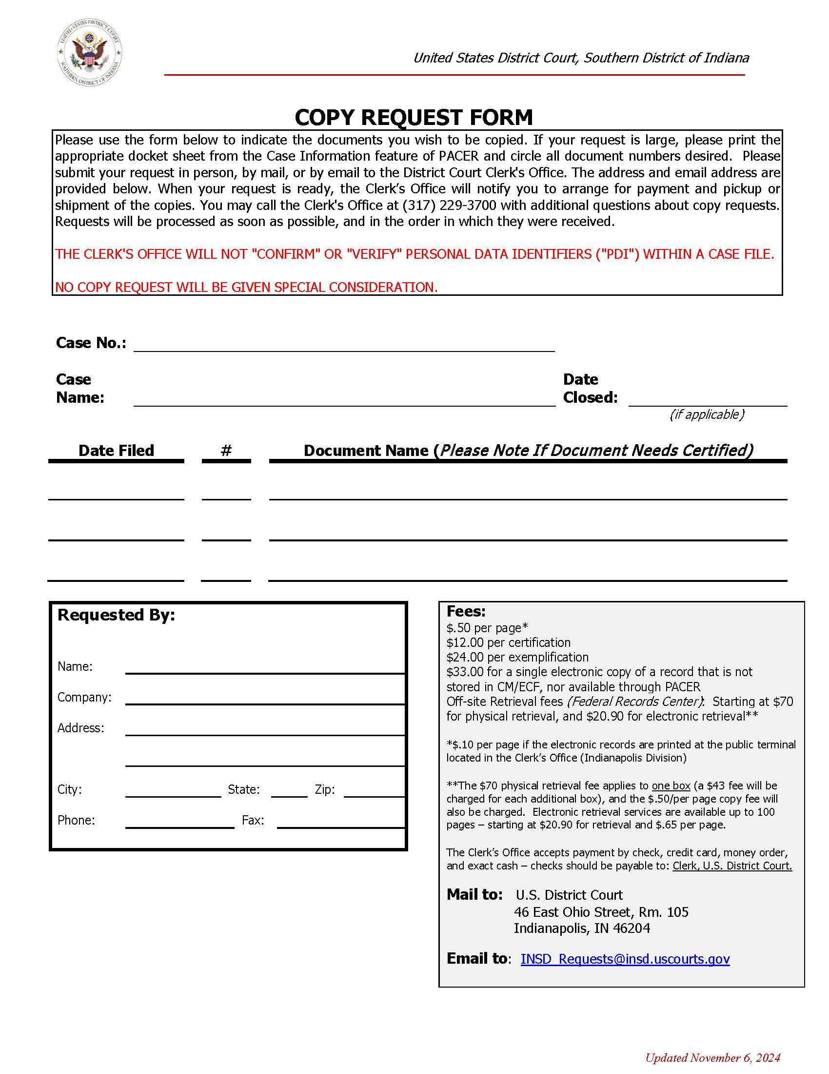 Copy Request Form {INSD CRF} | Pdf Fpdf Docx | Indiana