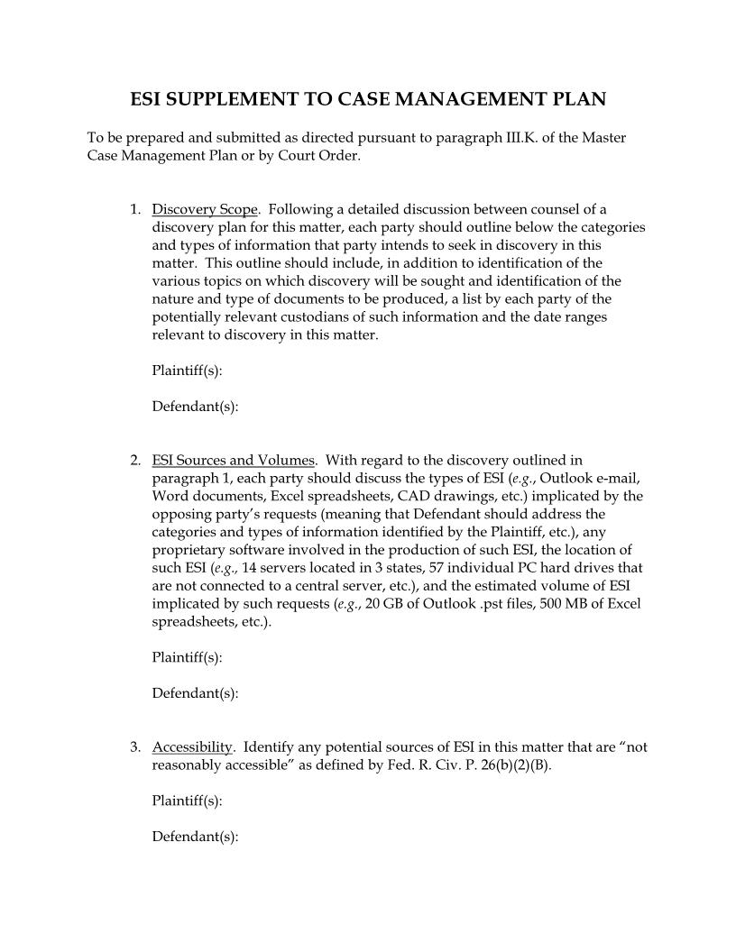 ESI Supplement To Case Management Plan | Pdf Fpdf Docx | Indiana