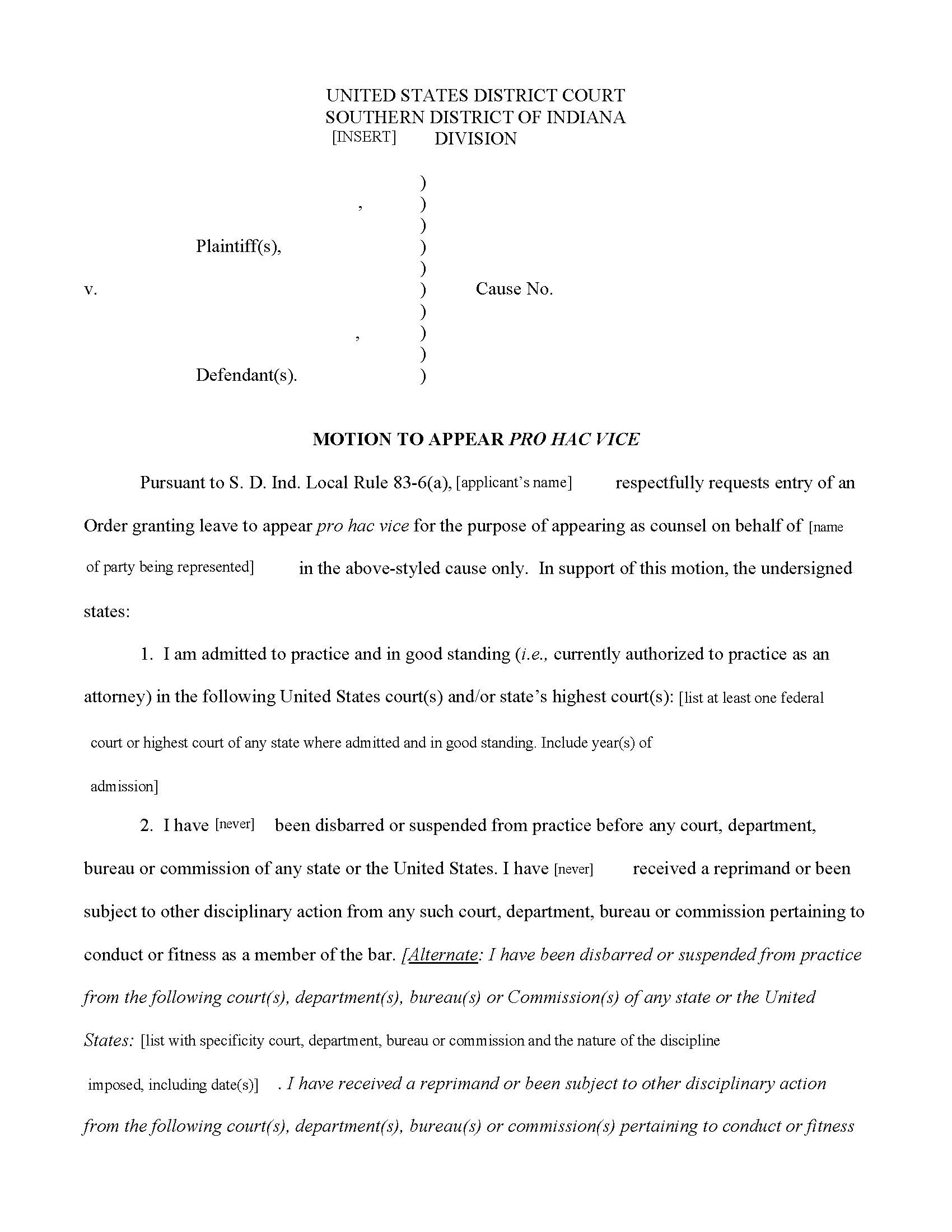 Motion And Order To Appear Pro Hac Vice {INSD MOPHV} | Pdf Fpdf Docx | Indiana