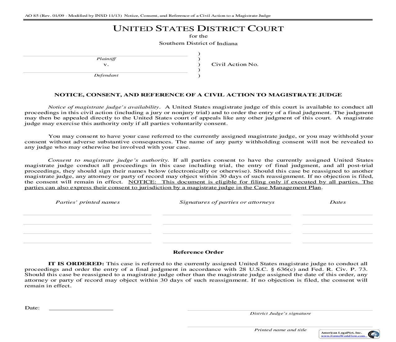 Notice Consent And Reference Of Civil Action To Magistrate Judge ()INSD) | Pdf Fpdf Doc Docx | Indiana