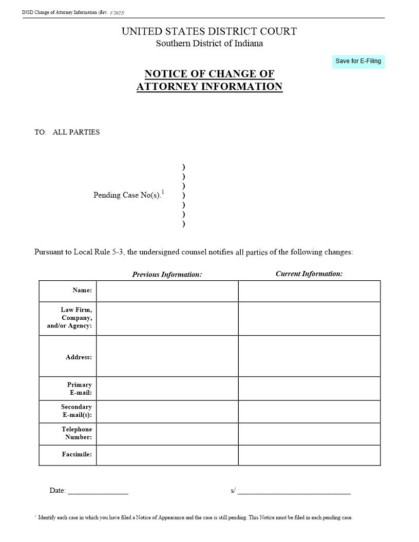 Notice Of Change Of Attorney Information {INSD NCAI} | Pdf Fpdf Docx | Indiana