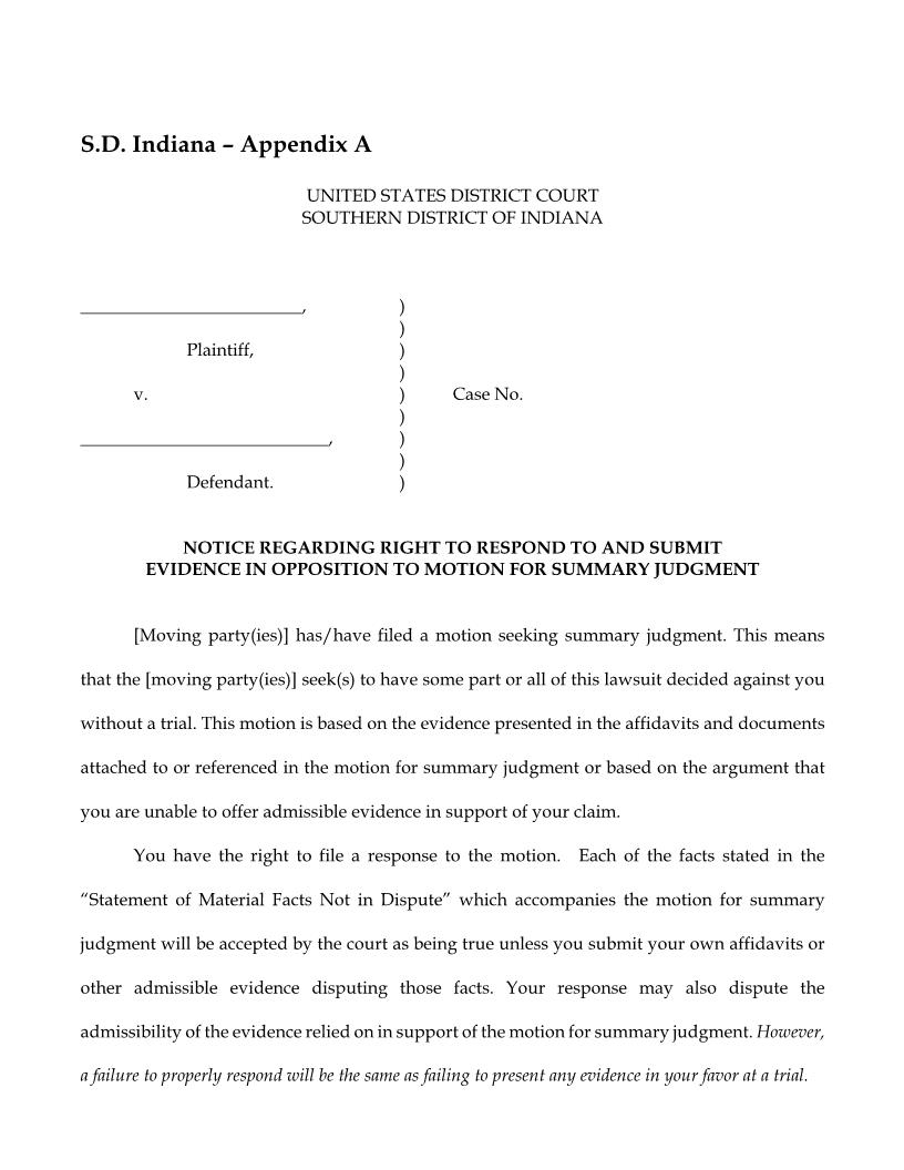 Notice Regarding Right To Respond Submit Evidence In Opposition To MSJ {INSD LR Appendix A} | Pdf Fpdf Docx | Indiana