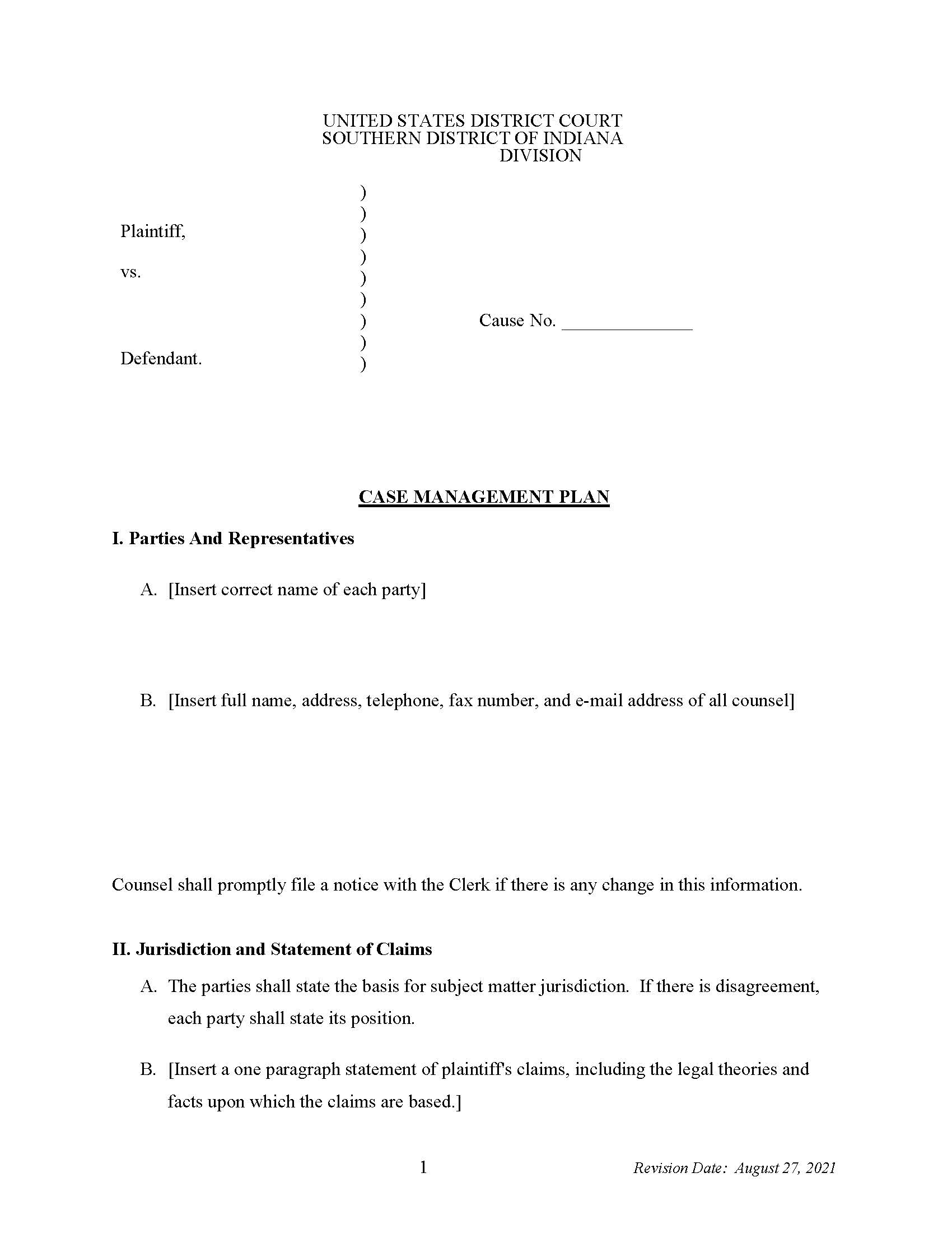 Patent Case Management Plan {INSD PCMP} | Pdf Fpdf Docx | Indiana