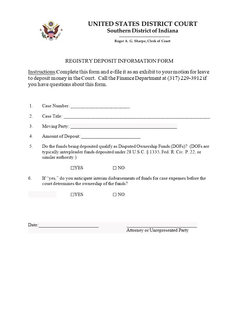 Registry Deposit Information Form {INSD RDIF} | Pdf Fpdf Docx | Indiana