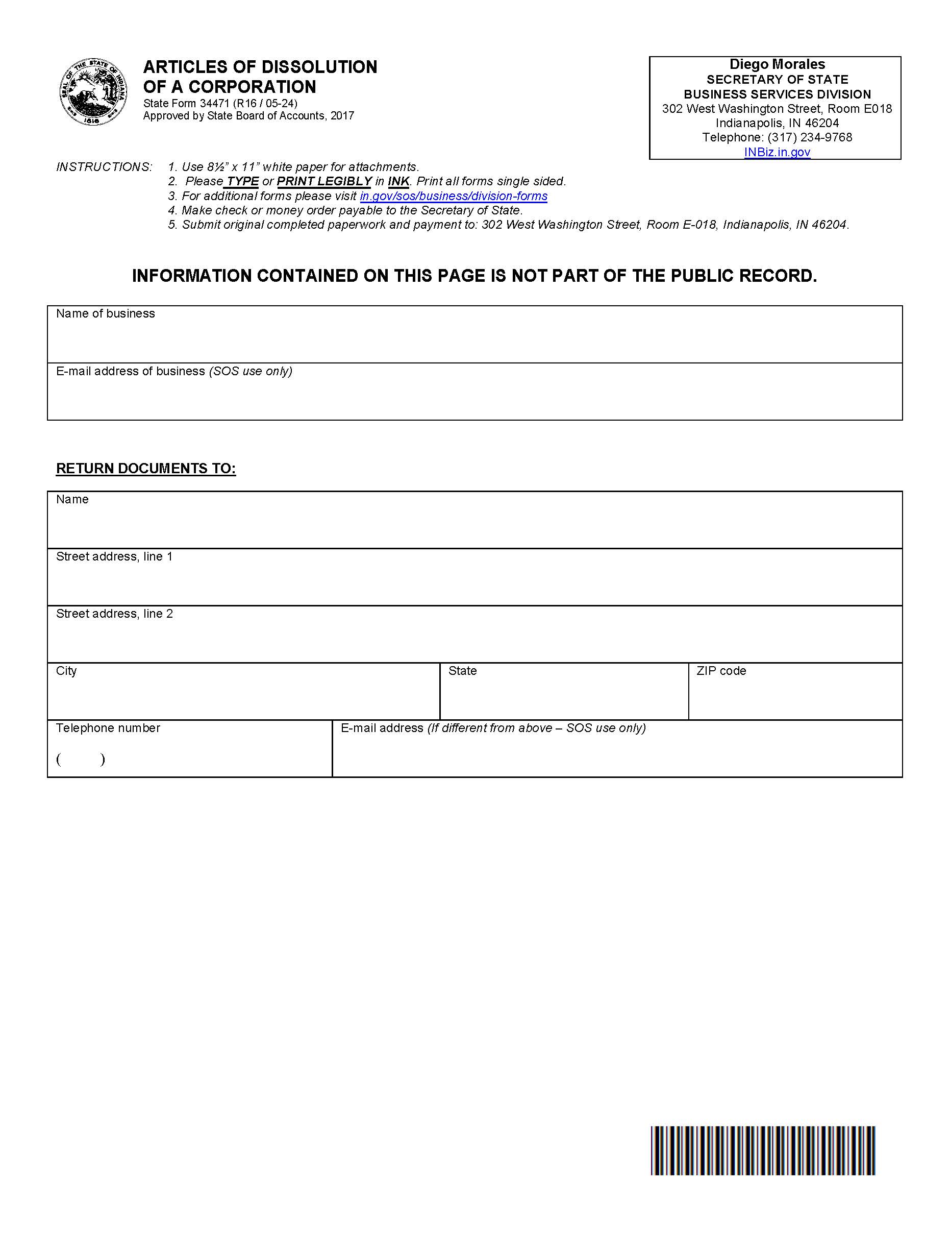 Articles Of Dissolution Of Corporation {34471} | Pdf Fpdf Docx | Indiana