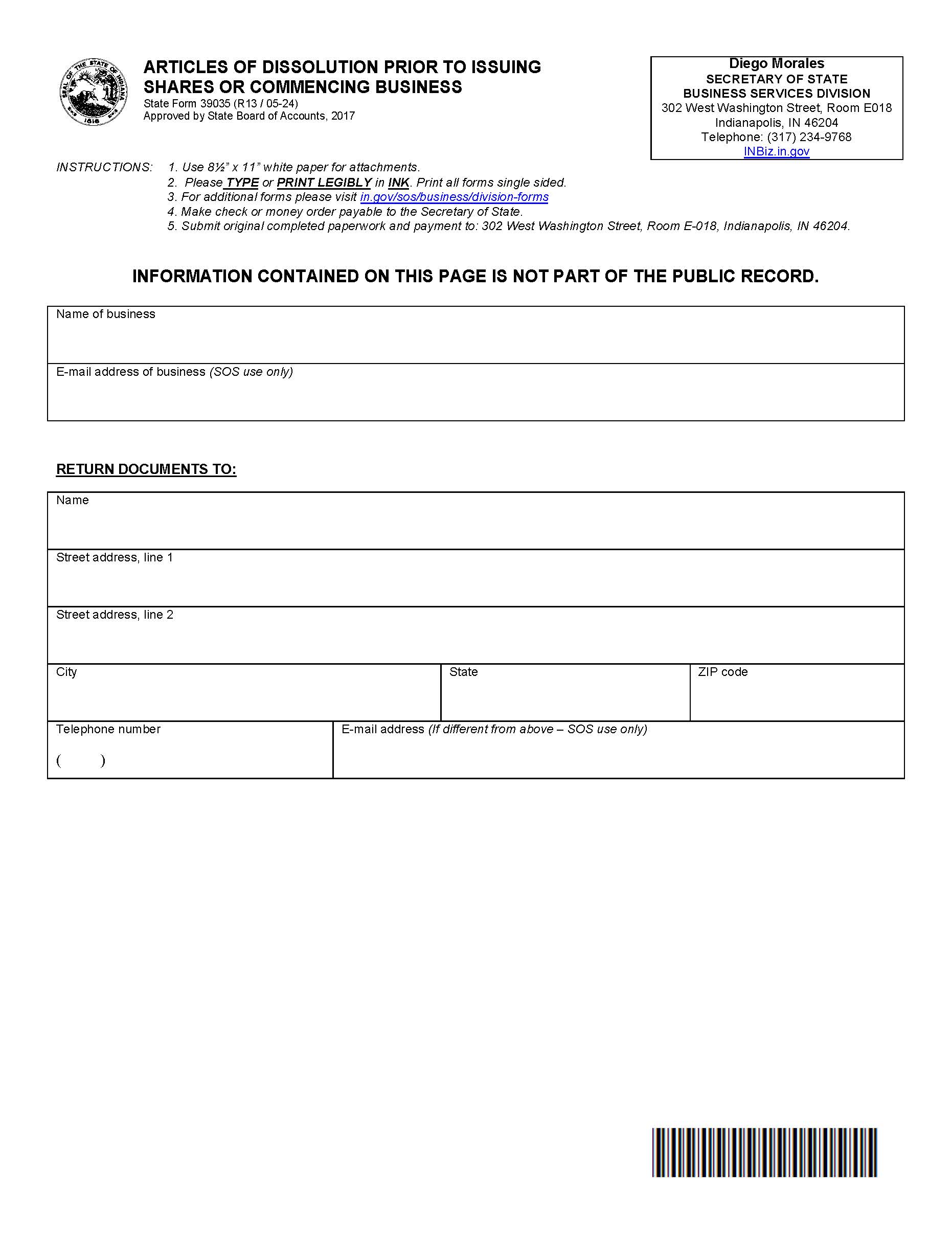 Articles Of Dissolution Prior To Issuing Shares Or Commencing Business {39035} | Pdf Fpdf Docx | Indiana