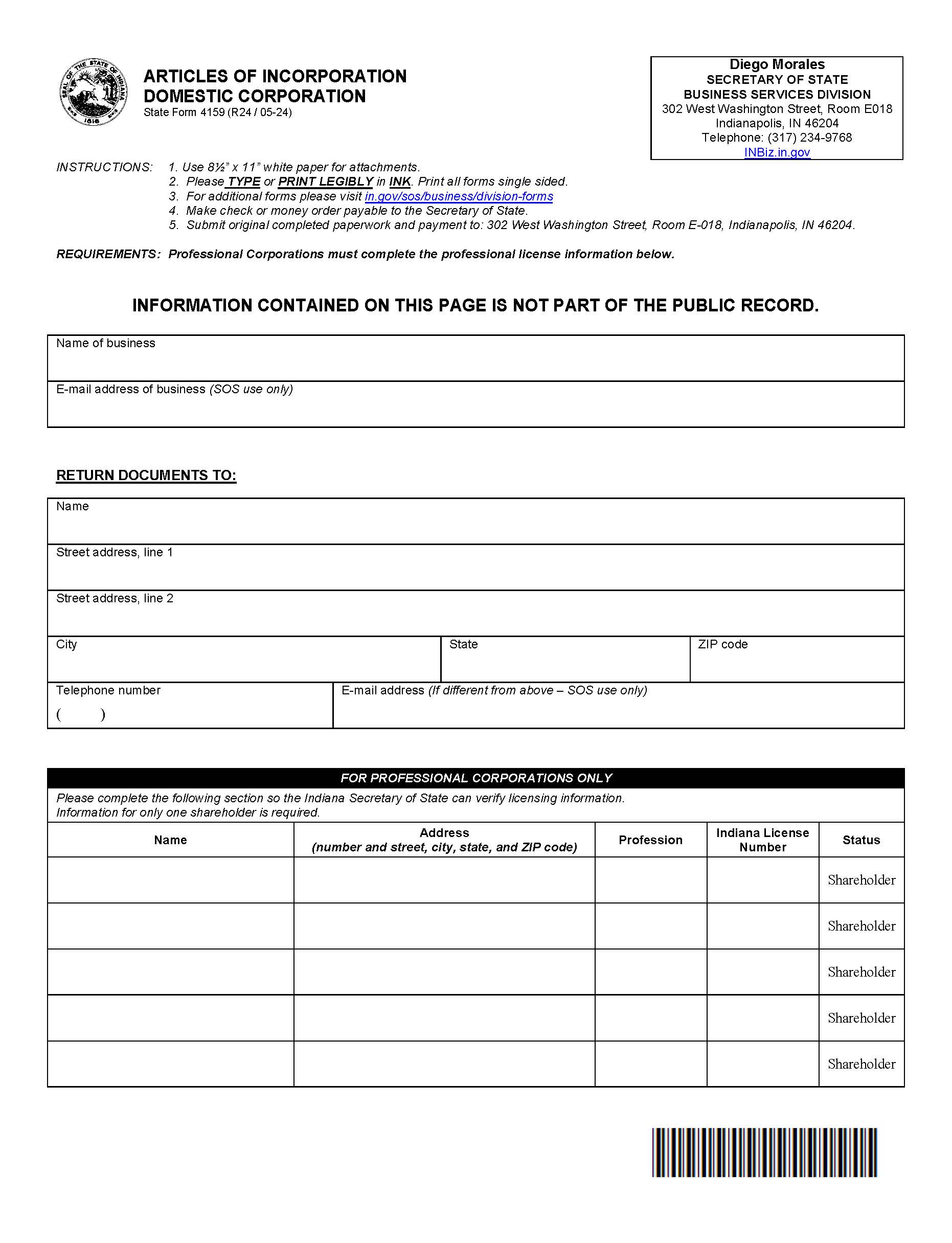 Articles Of Incorporation Domestic Corporation {4159} | Pdf Fpdf Docx | Indiana