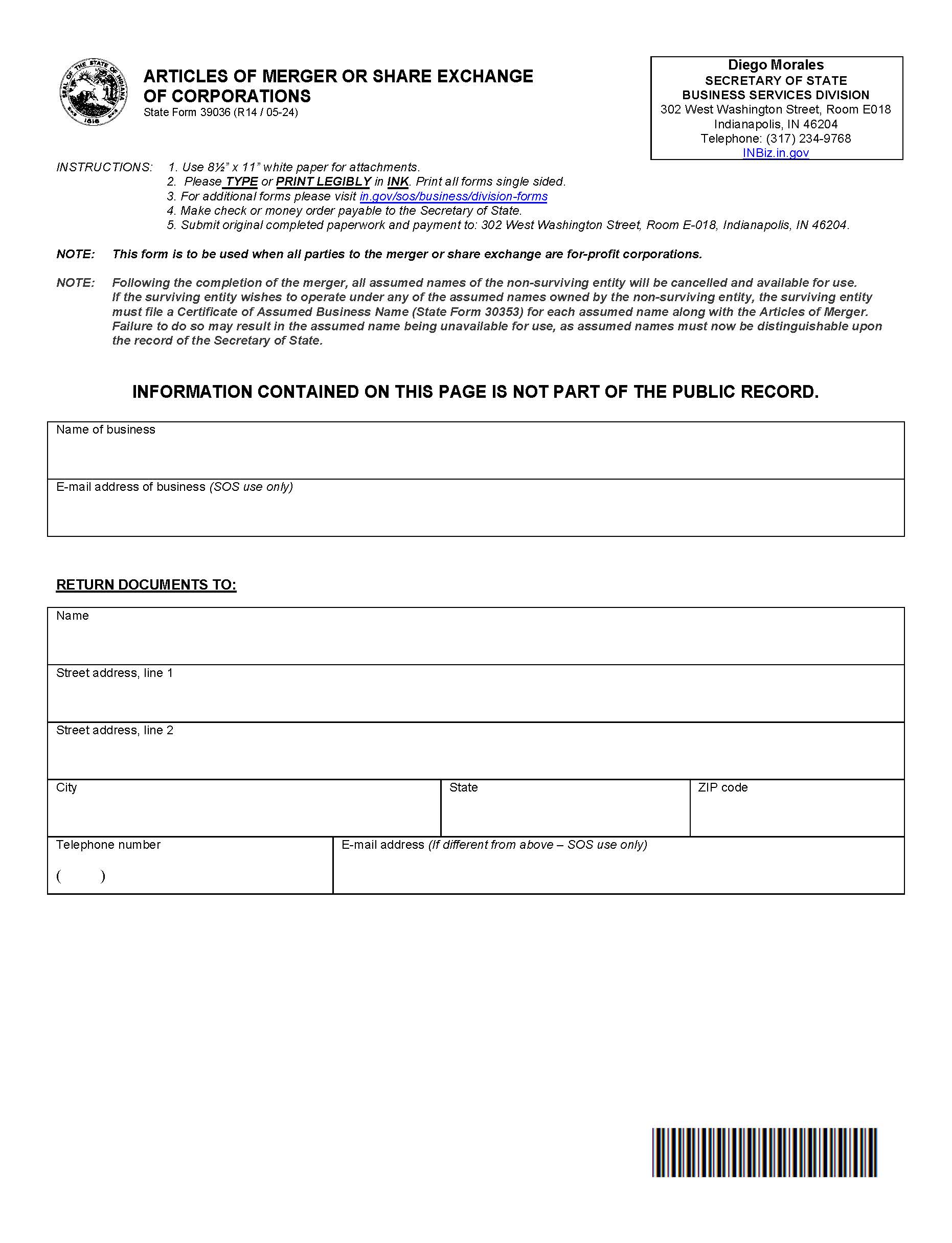 Articles Of Merger Or Share Exchange Of Corporations {39036} | Pdf Fpdf Docx | Indiana