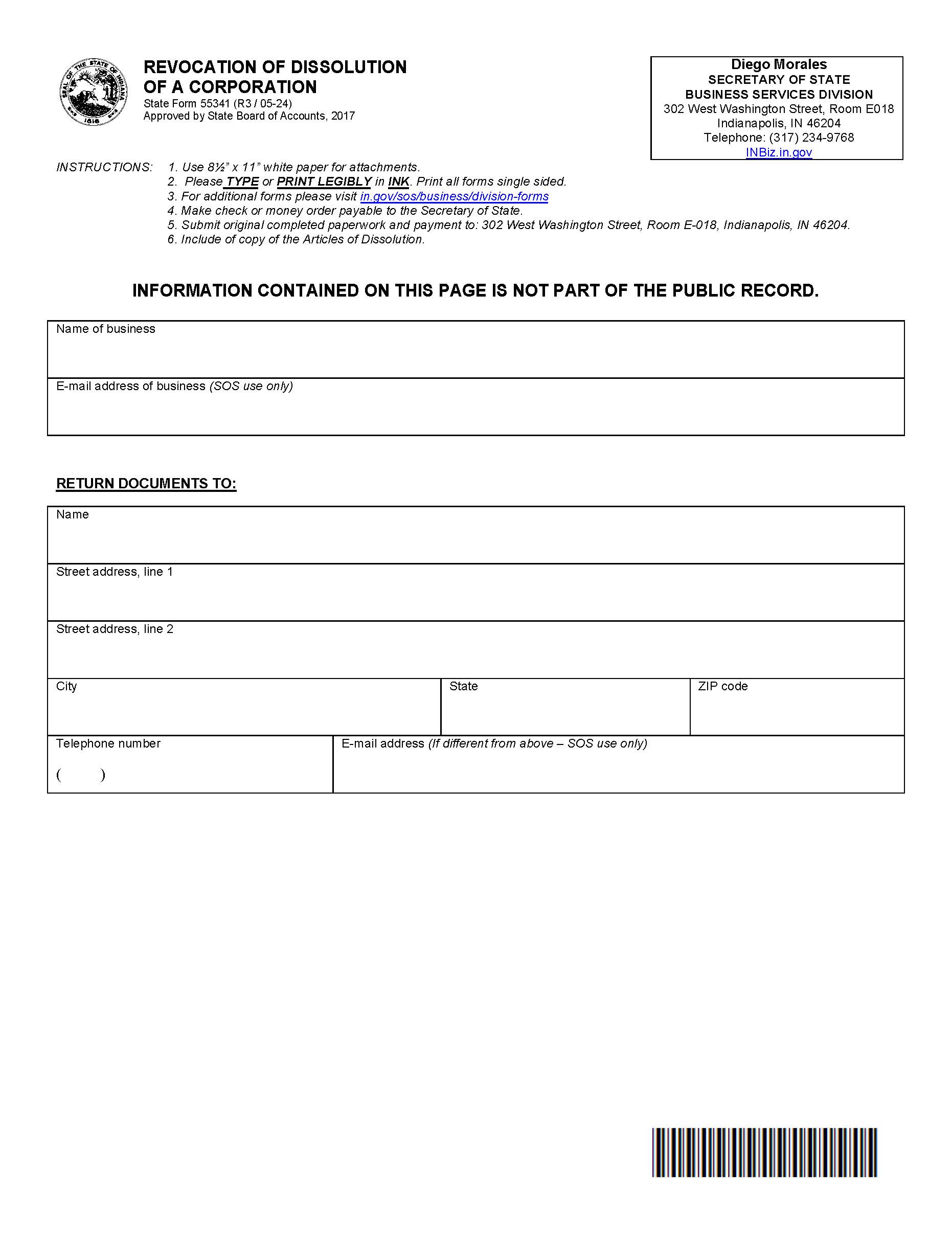 Revocation Of Dissolution Of Corporation {55341} | Pdf Fpdf Docx | Indiana