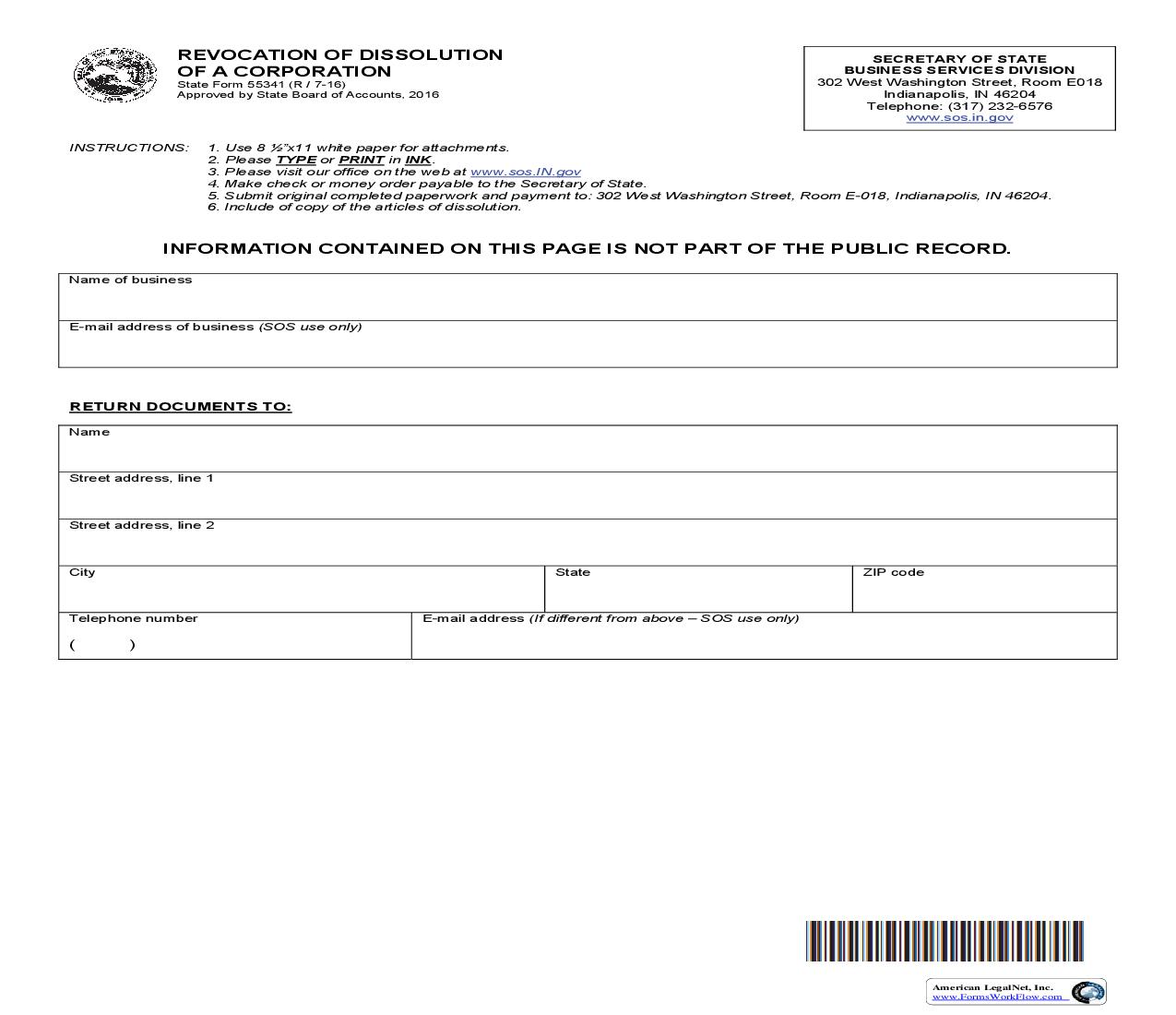 Revocation Of Dissolution Of Corporation {55341} |  Docx | Indiana