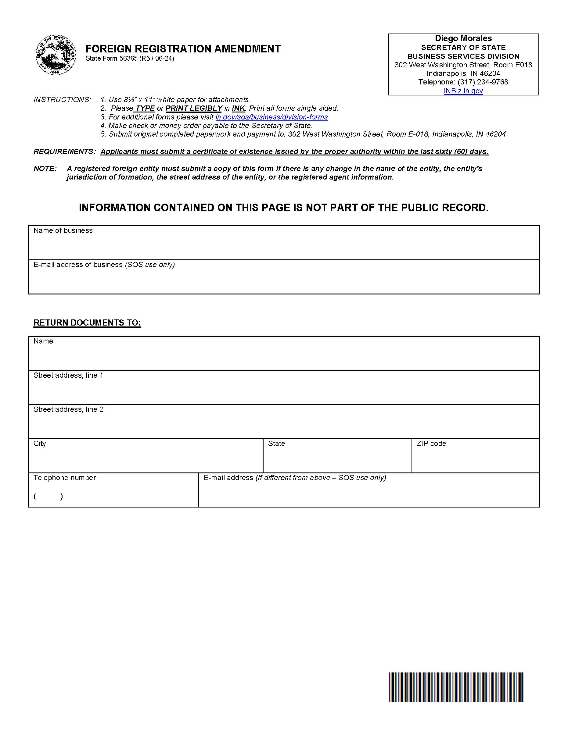 Foreign Registration Amendment {56365} | Pdf Fpdf Docx | Indiana