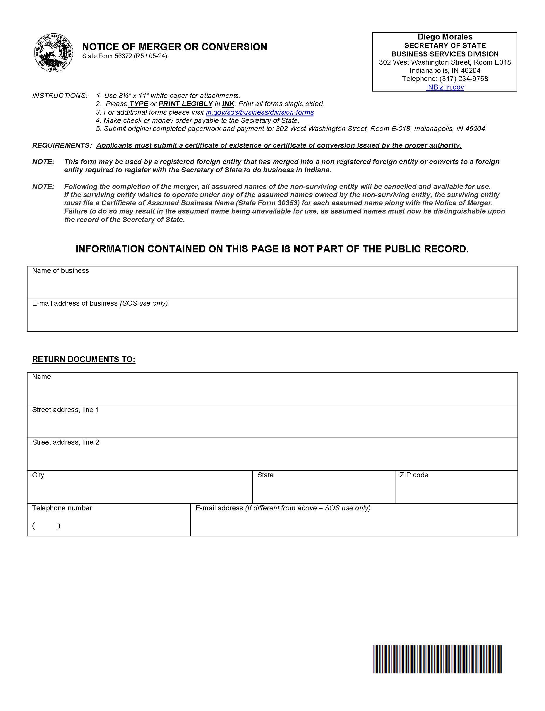 Notice Of Merger Or Conversion {56372} | Pdf Fpdf Docx | Indiana