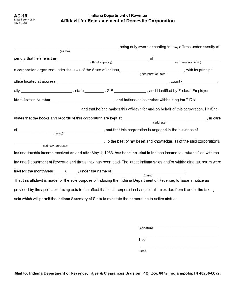 Affidavit For Reinstatement Of Domestic Corporation {49514} |  | Indiana