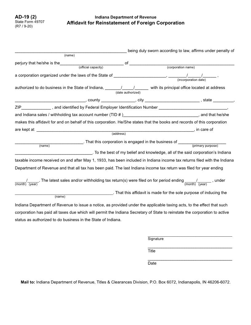 Affidavit For Reinstatement Of Foreign Corporation {49707} | Pdf Fpdf Doc Docx | Indiana