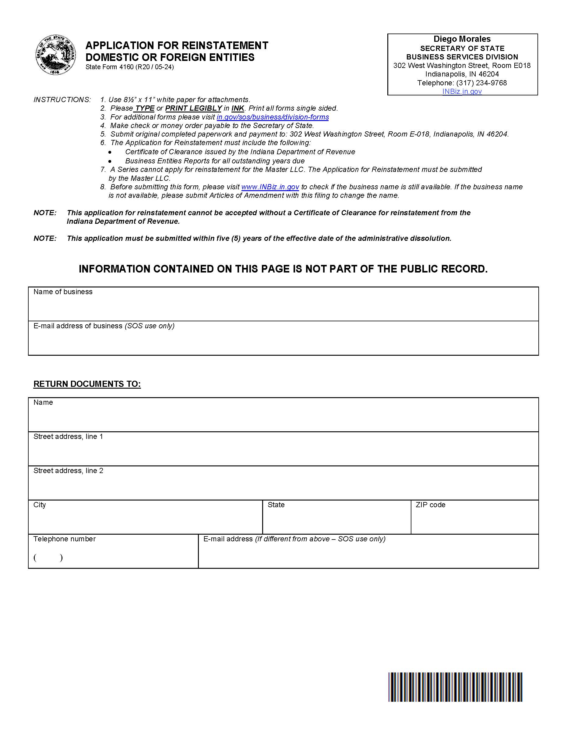 Application For Reinstatement Domestic Or Foreign Entities {4160} | Pdf Fpdf Docx | Indiana
